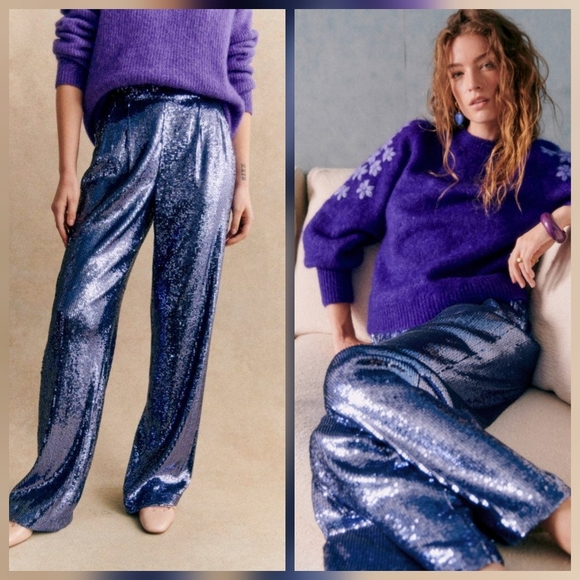 Sezane Georgio Trousers in Storm Blue Sequins size 46 - Picture 1 of 13